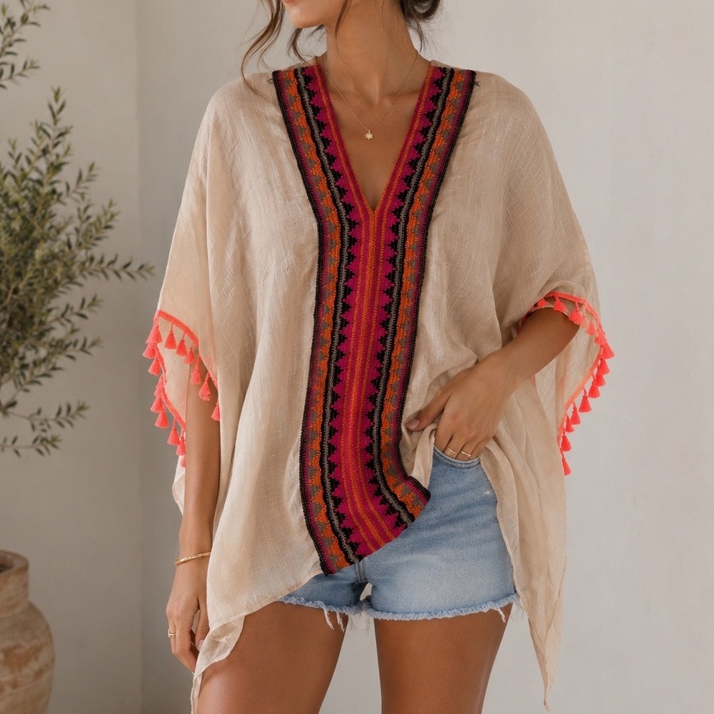 Shearโ Lace Boutique Boho Embroidered Tassel Kaftan Poncho Top Cream Pink gf